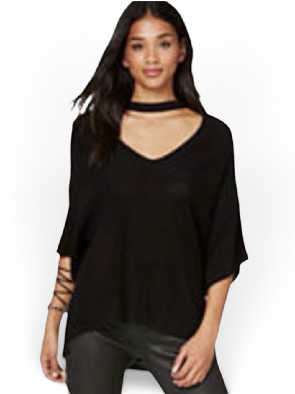 Bebe Black V-Neck Choker Short Sleeve Ribbed Sweater Size Small